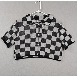 NWT SOBE Black White Checkerboard Crochet SS Button Up Crop Top Womens One Size